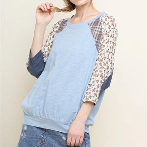 Umgee Sky Mix Floral Plaid Dolman Sleeve Knit Blouse